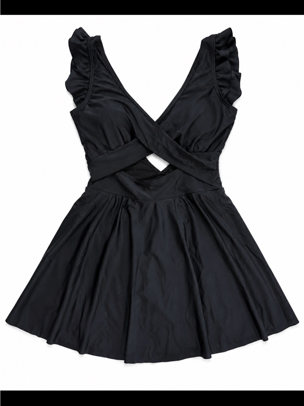Black Ruffle Sleeve Cutout Swim Dress One Piece NWOT Medium still has lineee